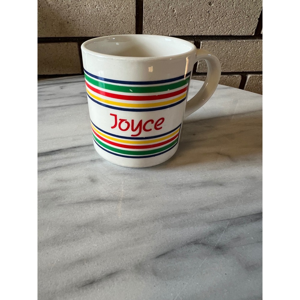 Mt Clemens Pottery Joyce Personalized Coffee Mug Vintage Striped Primary Colors